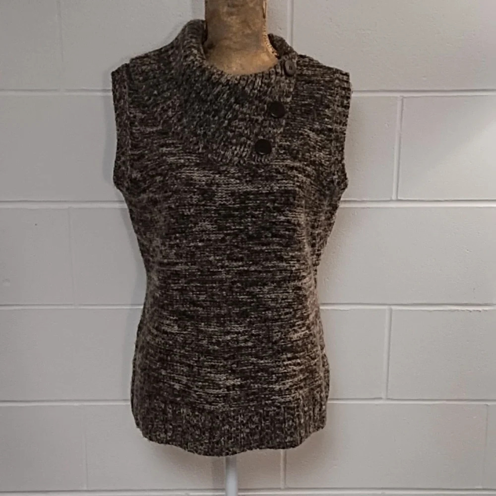 Mock Cowl Neck Sweater Vest Top Jacket Shell Tan Button Detail Fall Chunky look